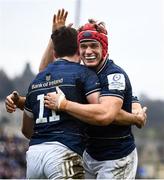 22 January 2022; Jimmy O'Brien of Leinster, left, celebrates after scoring his side's first try with teammate Josh van der Flier during the Heineken Champions Cup Pool A match between Bath and Leinster at The Recreation Ground in Bath, England. Photo by Harry Murphy/Sportsfile