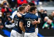 22 January 2022; Jordan Larmour of Leinster, left, celebrates after scoring his side's third try with teammates during the Heineken Champions Cup Pool A match between Bath and Leinster at The Recreation Ground in Bath, England. Photo by Harry Murphy/Sportsfile