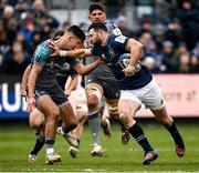 22 January 2022; Robbie Henshaw of Leinster is tackled by Orlando Bailey of Bath during the Heineken Champions Cup Pool A match between Bath and Leinster at The Recreation Ground in Bath, England. Photo by Harry Murphy/Sportsfile