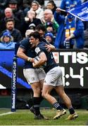 22 January 2022; Jimmy O'Brien of Leinster celebrates after scoring his side's seventh try with teammate Robbie Henshaw during the Heineken Champions Cup Pool A match between Bath and Leinster at The Recreation Ground in Bath, England. Photo by Harry Murphy/Sportsfile