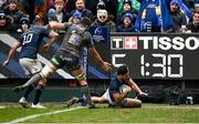22 January 2022; Hugo Keenan of Leinster scores his side's eighth try during the Heineken Champions Cup Pool A match between Bath and Leinster at The Recreation Ground in Bath, England. Photo by Harry Murphy/Sportsfile