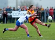 22 January 2022; Niamh Hughes of Castlebar Mitchels in action against Lily Cox of Castleisland Desmonds during the 2021 currentaccount.ie All-Ireland Ladies Intermediate Club Football Championship Semi-Final match between Castlebar Mitchels, Mayo and Castleisland Desmonds, Kerry at Páirc Josie Munnelly in Castlebar, Mayo. Photo by Michael P Ryan/Sportsfile