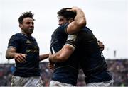 22 January 2022; Jimmy O'Brien of Leinster celebrates after scoring his side's tenth try with teammates Jordan Larmour and Hugo Keenan during the Heineken Champions Cup Pool A match between Bath and Leinster at The Recreation Ground in Bath, England. Photo by Harry Murphy/Sportsfile