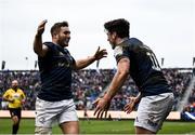 22 January 2022; Jimmy O'Brien of Leinster celebrates after scoring his side's tenth try with teammate Jordan Larmour during the Heineken Champions Cup Pool A match between Bath and Leinster at The Recreation Ground in Bath, England. Photo by Harry Murphy/Sportsfile