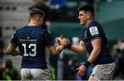 22 January 2022; Dan Sheehan of Leinster celebrates after scoring his side's ninth try with teammate Garry Ringrose during the Heineken Champions Cup Pool A match between Bath and Leinster at The Recreation Ground in Bath, England. Photo by Harry Murphy/Sportsfile