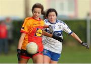 22 January 2022; Tanya Flynn of Castlebar Mitchels in action against Amy Curtin of Castleisland Desmonds during the 2021 currentaccount.ie All-Ireland Ladies Intermediate Club Football Championship Semi-Final match between Castlebar Mitchels, Mayo and Castleisland Desmonds, Kerry at Páirc Josie Munnelly in Castlebar, Mayo. Photo by Michael P Ryan/Sportsfile