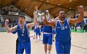 22 January 2022; UCC Demons co-captains Ryan Murphy, left, and Carleton Cuff celebrate with the cup after the InsureMyHouse.ie Presidents' National Cup Final match between UCC Demons, Cork, and Drogheda Wolves, Louth, at National Basketball Arena in Tallaght, Dublin. Photo by Brendan Moran/Sportsfile