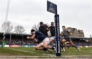 22 January 2022; Hugo Keenan of Leinster on his way to scoring his side's eighth try during the Heineken Champions Cup Pool A match between Bath and Leinster at The Recreation Ground in Bath, England. Photo by Harry Murphy/Sportsfile
