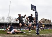 22 January 2022; Hugo Keenan of Leinster scores his side's eighth try during the Heineken Champions Cup Pool A match between Bath and Leinster at The Recreation Ground in Bath, England. Photo by Harry Murphy/Sportsfile