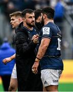22 January 2022; Rónan Kelleher and Vakh Abdaladze of Leinster embrace after their side's victory in the Heineken Champions Cup Pool A match between Bath and Leinster at The Recreation Ground in Bath, England. Photo by Harry Murphy/Sportsfile