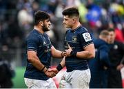22 January 2022; Vakh Abdaladze and Dan Sheehan of Leinster embrace after their side's victory in the Heineken Champions Cup Pool A match between Bath and Leinster at The Recreation Ground in Bath, England. Photo by Harry Murphy/Sportsfile