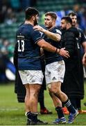 22 January 2022; Vakh Abdaladze and Jordan Larmour of Leinster embrace after their side's victory in the Heineken Champions Cup Pool A match between Bath and Leinster at The Recreation Ground in Bath, England. Photo by Harry Murphy/Sportsfile