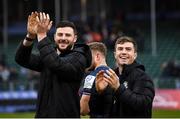 22 January 2022; Robbie Henshaw and Luke McGrath of Leinster after their side's victory in the Heineken Champions Cup Pool A match between Bath and Leinster at The Recreation Ground in Bath, England. Photo by Harry Murphy/Sportsfile