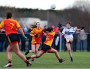 22 January 2022; Amy Curtin of Castleisland Desmonds in action against Orla Conlon of Castlebar Mitchels during the 2021 currentaccount.ie All-Ireland Ladies Intermediate Club Football Championship Semi-Final match between Castlebar Mitchels, Mayo and Castleisland Desmonds, Kerry at Páirc Josie Munnelly in Castlebar, Mayo. Photo by Michael P Ryan/Sportsfile