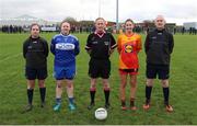 22 January 2022; Referee John Devlin and his officials with Castleisland Desmonds captain Fiona Griffin, left, and Castlebar Mitchels captain Lisa McManamon before the 2021 currentaccount.ie All-Ireland Ladies Intermediate Club Football Championship Semi-Final match between Castlebar Mitchels, Mayo and Castleisland Desmonds, Kerry at Páirc Josie Munnelly in Castlebar, Mayo. Photo by Michael P Ryan/Sportsfile