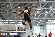 22 January 2022; Rolus Olusa of Clonliffe Harriers AC, Dublin, competing in the long jump event of the senior men's heptathlon during the Irish Life Health Indoor Combined Events All Ages at TUS in Athlone, Westmeath. Photo by Sam Barnes/Sportsfile