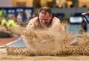 22 January 2022; Aidan O Donoghue of Mullingar Harriers AC, Westmeath, competing in the long jump event of the masters  50-59 men's pentathlon during the Irish Life Health Indoor Combined Events All Ages at TUS in Athlone, Westmeath. Photo by Sam Barnes/Sportsfile