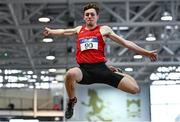 22 January 2022; Noah McConway of Ennis Track AC, Clare, competing in the long jump event of the junior men's heptathlon during the Irish Life Health Indoor Combined Events All Ages at TUS in Athlone, Westmeath. Photo by Sam Barnes/Sportsfile