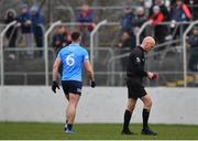 22 January 2022; John Small of Dublin leaves the field after receiving a red card off referee Cormac Reilly during the O'Byrne Cup Final match between Dublin and Laois at Netwatch Cullen Park in Carlow. Photo by Daire Brennan/Sportsfile