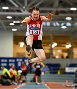 22 January 2022; Johnny Murphy of Ennis Track AC, Clare, competing in the long jump event of the masters 50-59 men's pentathlon during the Irish Life Health Indoor Combined Events All Ages at TUS in Athlone, Westmeath. Photo by Sam Barnes/Sportsfile