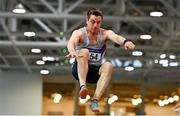22 January 2022; Kevin Byrne of Dundrum South Dublin AC, competing in the long jump event of the masters 50-59 men's pentathlon  during the Irish Life Health Indoor Combined Events All Ages at TUS in Athlone, Westmeath. Photo by Sam Barnes/Sportsfile