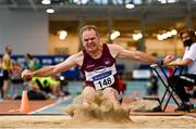 22 January 2022; Aidan O Donoghue of Mullingar Harriers AC, Westmeath, competing in the long jump event of the masters 50-59 men's pentathlon during the Irish Life Health Indoor Combined Events All Ages at TUS in Athlone, Westmeath. Photo by Sam Barnes/Sportsfile
