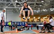 22 January 2022; Ian McClung of NI Masters Athletic Association, competing in the long jump event of the masters 50-59 men's pentathlon during the Irish Life Health Indoor Combined Events All Ages at TUS in Athlone, Westmeath. Photo by Sam Barnes/Sportsfile