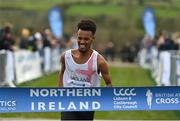 22 January 2022; Zak Mahamed of England on his way to winning the Senior Men's race during the Northern Ireland International Cross Country at Billy Neill MBE Country Park in Belfast. Photo by Ramsey Cardy/Sportsfile
