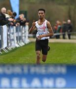 22 January 2022; Zak Mahamed of England on his way to winning the Senior Men's race during the Northern Ireland International Cross Country at Billy Neill MBE Country Park in Belfast. Photo by Ramsey Cardy/Sportsfile