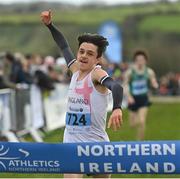22 January 2022; Sam Mills of England celebrates winning the Under 20 race during the Northern Ireland International Cross Country at Billy Neill MBE Country Park in Belfast. Photo by Ramsey Cardy/Sportsfile