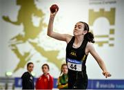 22 January 2022; Katie Elliott of Letterkenny AC, Donegal, competing in the shot put event of the under-15 girl's pentathlon during the Irish Life Health Indoor Combined Events All Ages at TUS in Athlone, Westmeath. Photo by Sam Barnes/Sportsfile