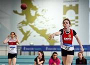 22 January 2022; Maebh Kelly of Ennis Track AC, Clare, competing in the shot put event of the under-15 girl's pentathlon during the Irish Life Health Indoor Combined Events All Ages at TUS in Athlone, Westmeath. Photo by Sam Barnes/Sportsfile