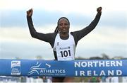 22 January 2022; Hellen Obiri of Kenya celebrates winning the Senior Women's race during the Northern Ireland International Cross Country at Billy Neill MBE Country Park in Belfast. Photo by Ramsey Cardy/Sportsfile