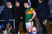 22 January 2022; Kerry captain Seán O'Shea in conversation with An Taoiseach Micheál Martin TD and former GAA president Seán Kelly MEP, right, lifts the cup after his side's victory in the McGrath Cup Final match between Kerry and Cork at Fitzgerald Stadium in Killarney, Kerry. Photo by Piaras Ó Mídheach/Sportsfile