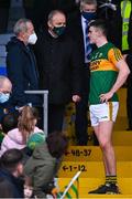22 January 2022; Kerry captain Seán O'Shea in conversation with An Taoiseach Micheál Martin TD and former GAA president Seán Kelly MEP, right, lifts the cup after his side's victory in the McGrath Cup Final match between Kerry and Cork at Fitzgerald Stadium in Killarney, Kerry. Photo by Piaras Ó Mídheach/Sportsfile