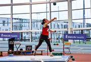 22 January 2022; Niamh McGuire of Rathkenny AC, Meath, competing in the shot put event of the masters 50-59 women's pentathlon during the Irish Life Health Indoor Combined Events All Ages at TUS in Athlone, Westmeath. Photo by Sam Barnes/Sportsfile