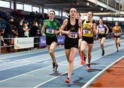 22 January 2022; Katie Elliott of Letterkenny AC, Donegal, competing in the 800m event of the under-15 girl's pentathlon during the Irish Life Health Indoor Combined Events All Ages at TUS in Athlone, Westmeath. Photo by Sam Barnes/Sportsfile