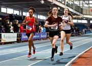 22 January 2022; Athletes, from left, Stephanie O' Connor of Enniscorthy AC, Wexford, Evie Quinn of Tulla AC, Monaghan and Roisín McManus of Midleton AC, Cork, competing in the 800m event of the under-15 girl's pentathlon during the Irish Life Health Indoor Combined Events All Ages at TUS in Athlone, Westmeath. Photo by Sam Barnes/Sportsfile