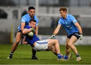 22 January 2022; Cathal Fennessy of Laois in action against Niall Scully, left, and Aaron Byrne of Dublin during the O'Byrne Cup Final match between Dublin and Laois at Netwatch Cullen Park in Carlow. Photo by Daire Brennan/Sportsfile