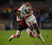 22 January 2022; Cheik Tiberghien of ASM Clermont Auvergne is tackled by James Hume of Ulster during the Heineken Champions Cup Pool A match between Ulster and Clermont Auvergne at Kingspan Stadium in Belfast. Photo by Ramsey Cardy/Sportsfile