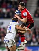22 January 2022; Michael Lowry of Ulster in action against Marvin O'Connor of ASM Clermont Auvergne during the Heineken Champions Cup Pool A match between Ulster and Clermont Auvergne at Kingspan Stadium in Belfast. Photo by Ramsey Cardy/Sportsfile