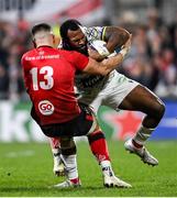 22 January 2022; Alivereti Raka of ASM Clermont Auvergne is tackled by James Hume of Ulster during the Heineken Champions Cup Pool A match between Ulster and Clermont Auvergne at Kingspan Stadium in Belfast. Photo by Ramsey Cardy/Sportsfile