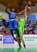 22 January 2022; Richaud Gittens of Coughlan C&S Neptune in action against Eoin Quigley of Garvey's Tralee Warriors during the InsureMyHouse.ie Pat Duffy Men’s National Cup Final match between C&S Neptune, Cork, and Garvey's Warriors Tralee, Kerry, at National Basketball Arena in Tallaght, Dublin. Photo by Brendan Moran/Sportsfile
