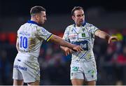 22 January 2022; JJ Hanrahan, left, and Morgan Parra of ASM Clermont Auvergne during the Heineken Champions Cup Pool A match between Ulster and Clermont Auvergne at Kingspan Stadium in Belfast. Photo by Ramsey Cardy/Sportsfile