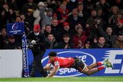 22 January 2022; Robert Baloucoune of Ulster dives over to score his side's fifth try during the Heineken Champions Cup Pool A match between Ulster and Clermont Auvergne at Kingspan Stadium in Belfast. Photo by Ramsey Cardy/Sportsfile