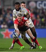 22 January 2022; Craig Gilroy of Ulster and Alivereti Raka of ASM Clermont Auvergne during the Heineken Champions Cup Pool A match between Ulster and Clermont Auvergne at Kingspan Stadium in Belfast. Photo by Ramsey Cardy/Sportsfile