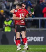 22 January 2022; James Hume, right, and Michael Lowry of Ulster celebrate after the Heineken Champions Cup Pool A match between Ulster and Clermont Auvergne at Kingspan Stadium in Belfast. Photo by Ramsey Cardy/Sportsfile