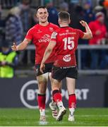 22 January 2022; James Hume, left, and Michael Lowry of Ulster celebrate after the Heineken Champions Cup Pool A match between Ulster and Clermont Auvergne at Kingspan Stadium in Belfast. Photo by Ramsey Cardy/Sportsfile