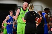 22 January 2022; Kieran Donaghy of Garvey's Tralee Warriors speaks to referee Caitriona White while being called for a technical foul during the InsureMyHouse.ie Pat Duffy Men’s National Cup Final match between C&S Neptune, Cork, and Garvey's Warriors Tralee, Kerry, at National Basketball Arena in Tallaght, Dublin. Photo by Brendan Moran/Sportsfile
