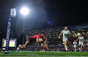 22 January 2022; Robert Baloucoune of Ulster dives over to score his side's fifth try during the Heineken Champions Cup Pool A match between Ulster and Clermont Auvergne at Kingspan Stadium in Belfast. Photo by Ramsey Cardy/Sportsfile
